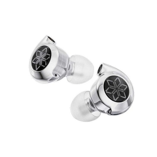 Dos auriculares plateados con patrón negro sobre fondo blanco.