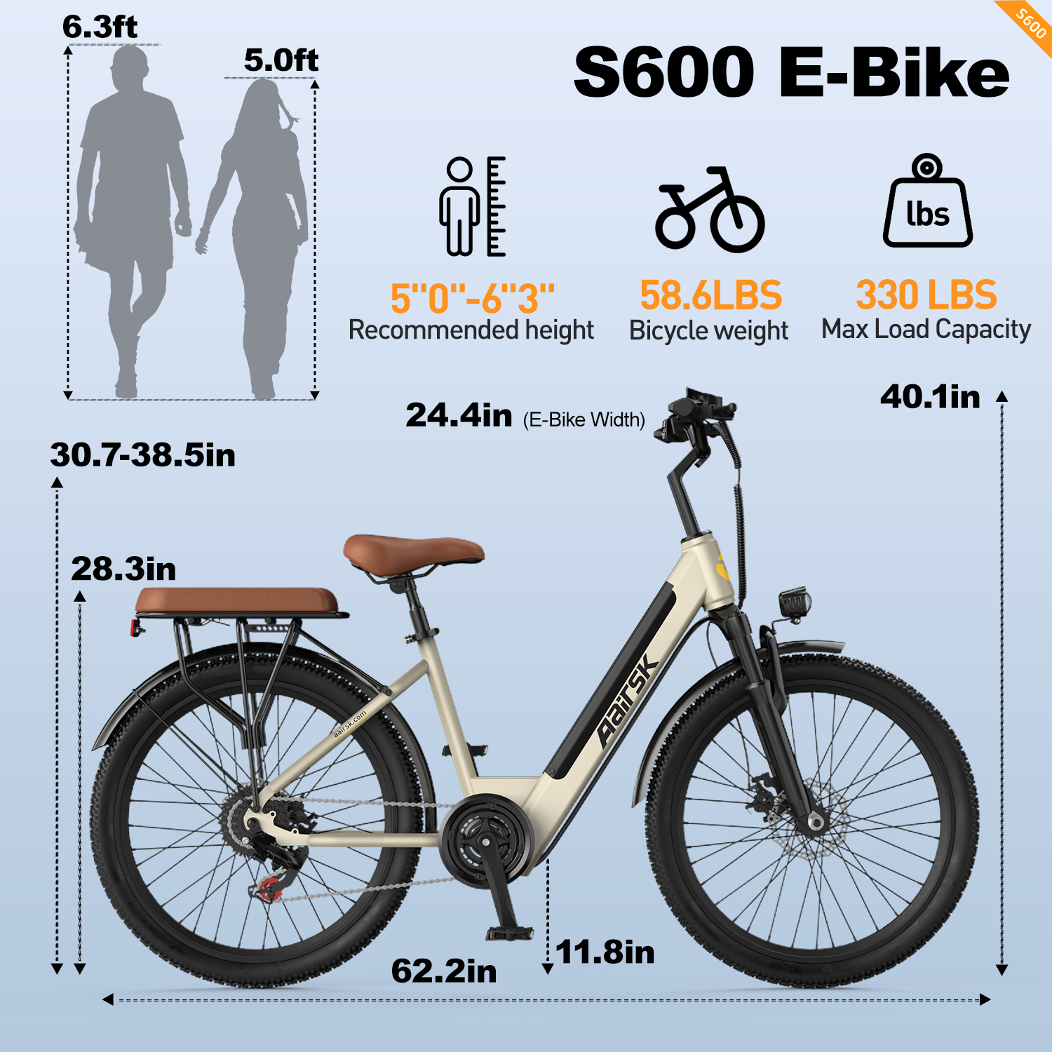 S600 E-Bike Specs: 1,52m-1,91m Höhe, 26,6kg Rad, 150kg max. Last.