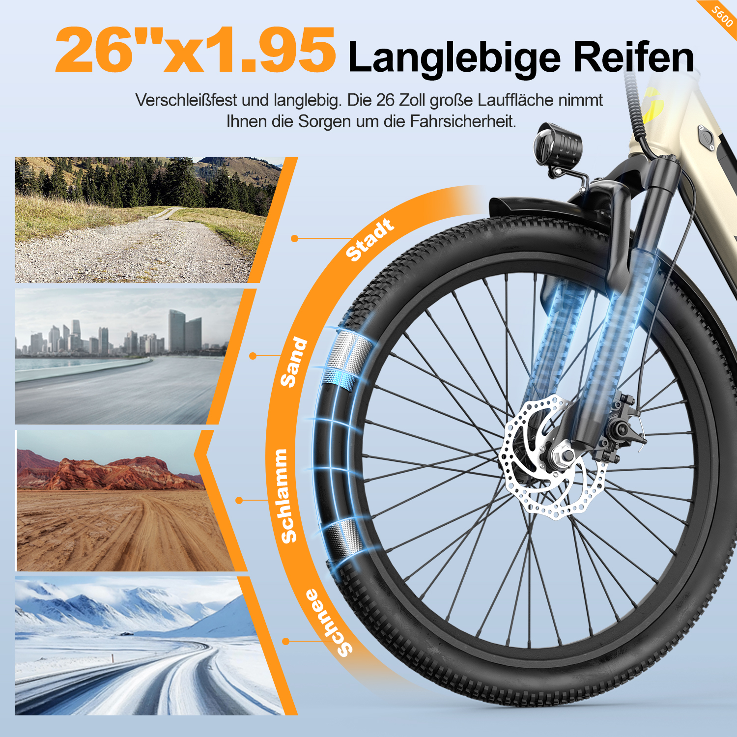 26"x1.95 Reifen für Stadt, Sand, Schlamm & Schnee. Langlebig, sicher.