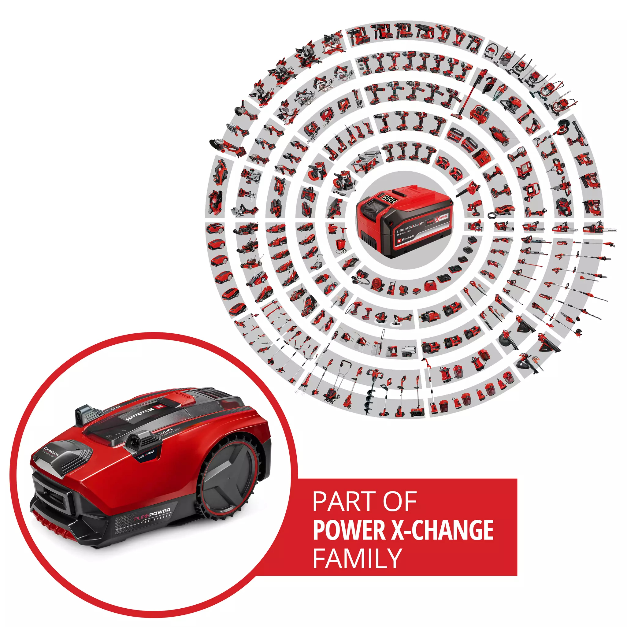 Un robot cortacésped rojo y una disposición circular de herramientas Power X-Change.