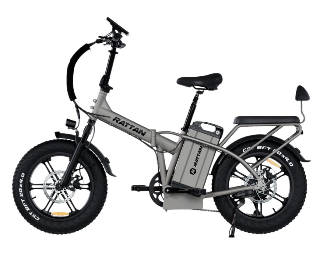 Ein graues RATTAN faltbares E-Bike mit dicken Reifen und Akku.