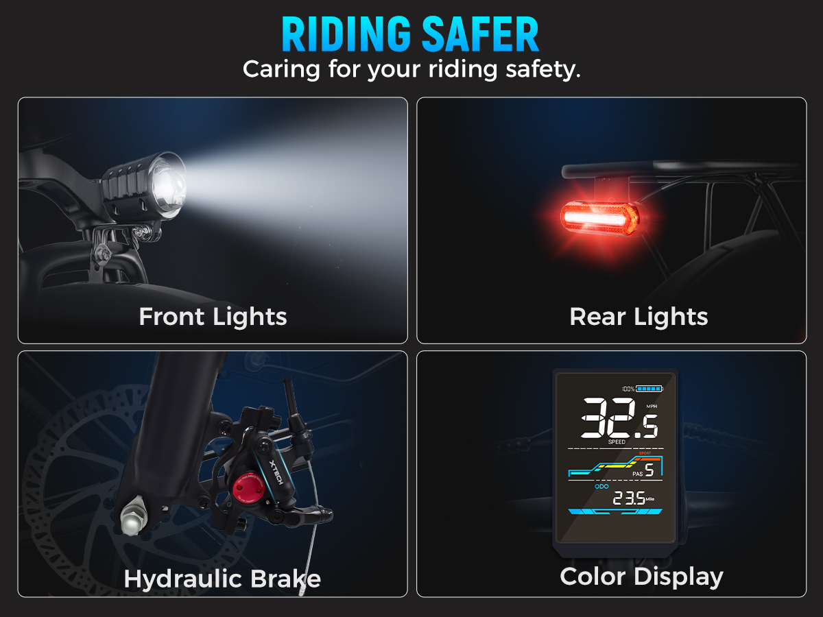 Fahrradteile: Frontlicht, Rücklicht, hydraulische Bremse, Farbdisplay.
