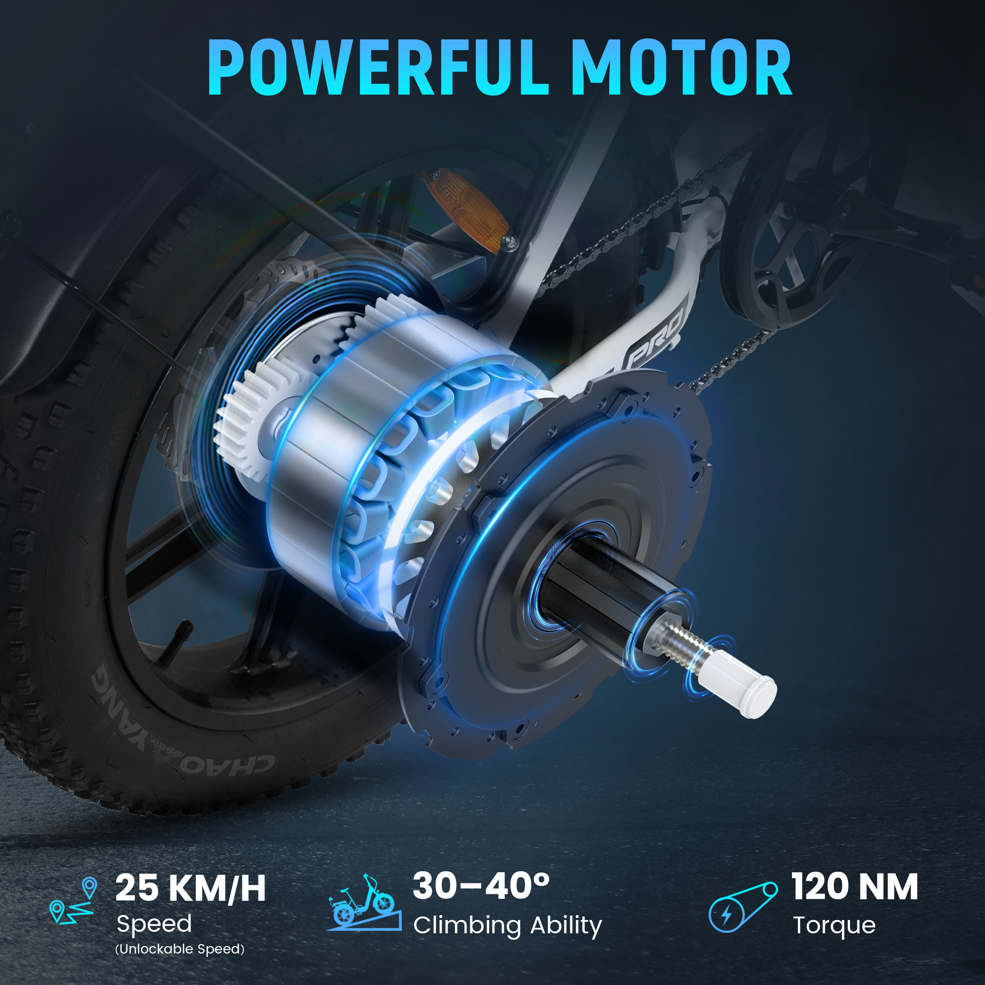 Primo piano del motore di una e-bike con ingranaggi, catena e ruota. Specifiche: 25 km/h, 30-40° salita, 120 Nm coppia.