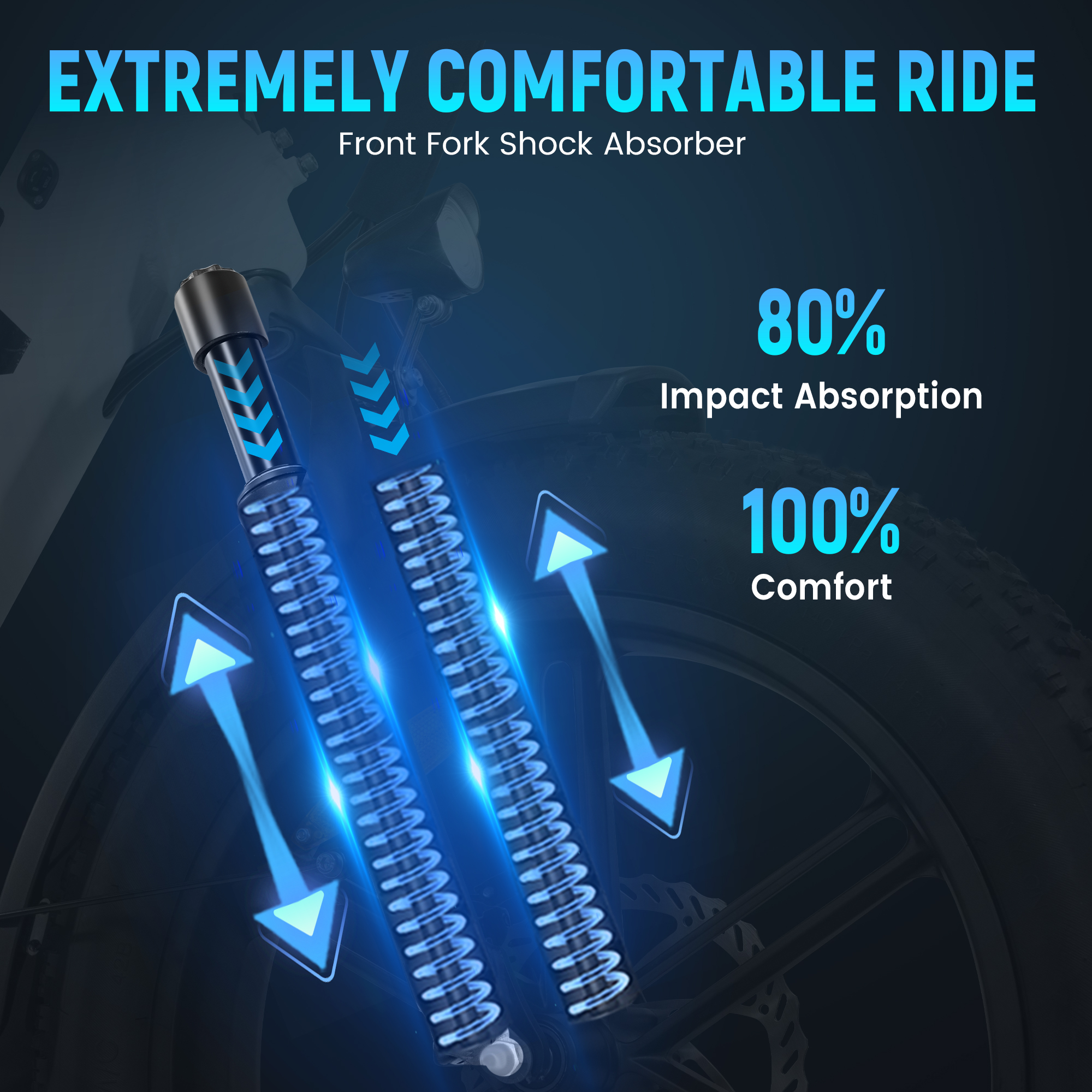 Primo piano di ammortizzatori forcella anteriore bici, 80% assorbimento impatto, 100% comfort.