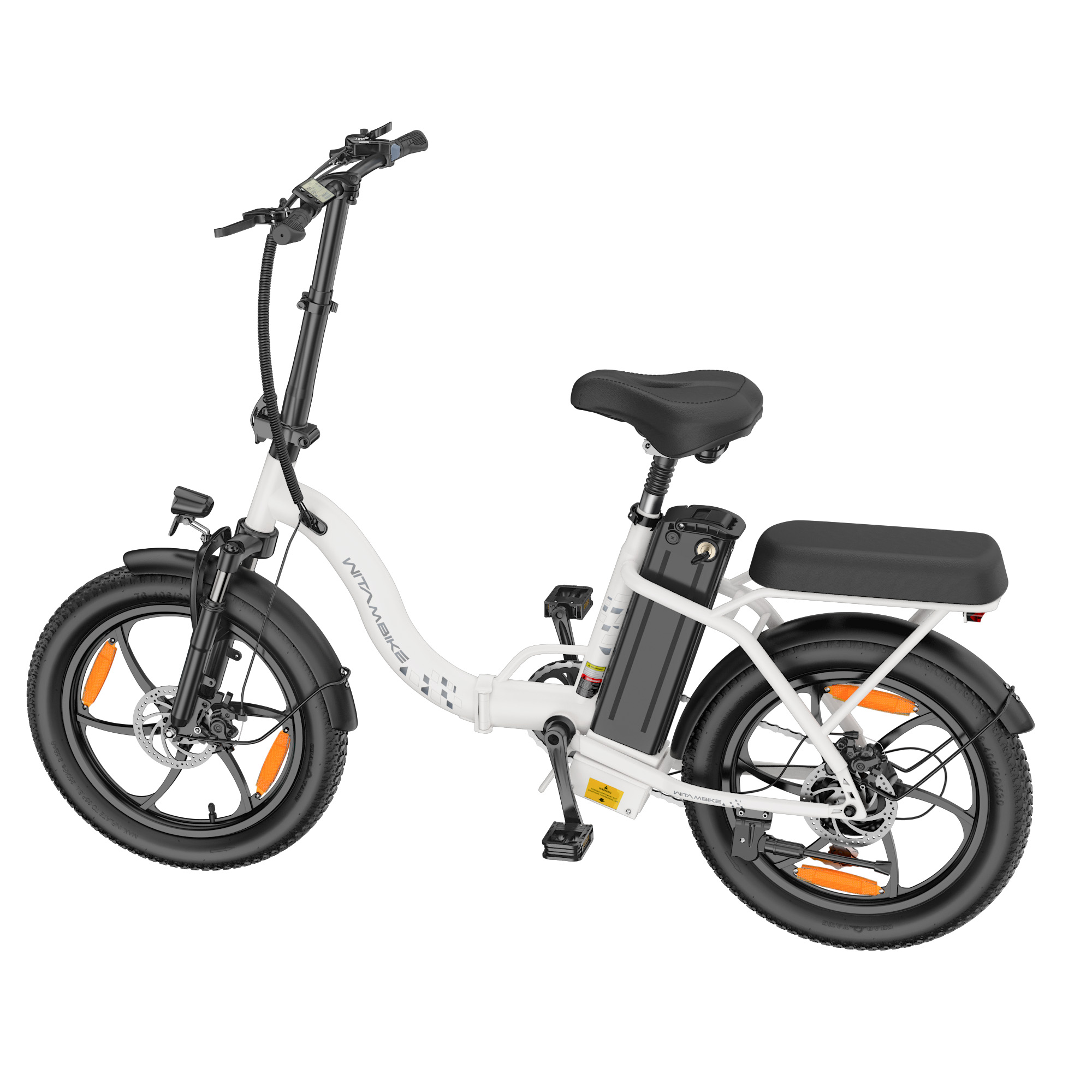 Ein weißes faltbares E-Bike mit schwarzem Sattel, Akku und Reifen.