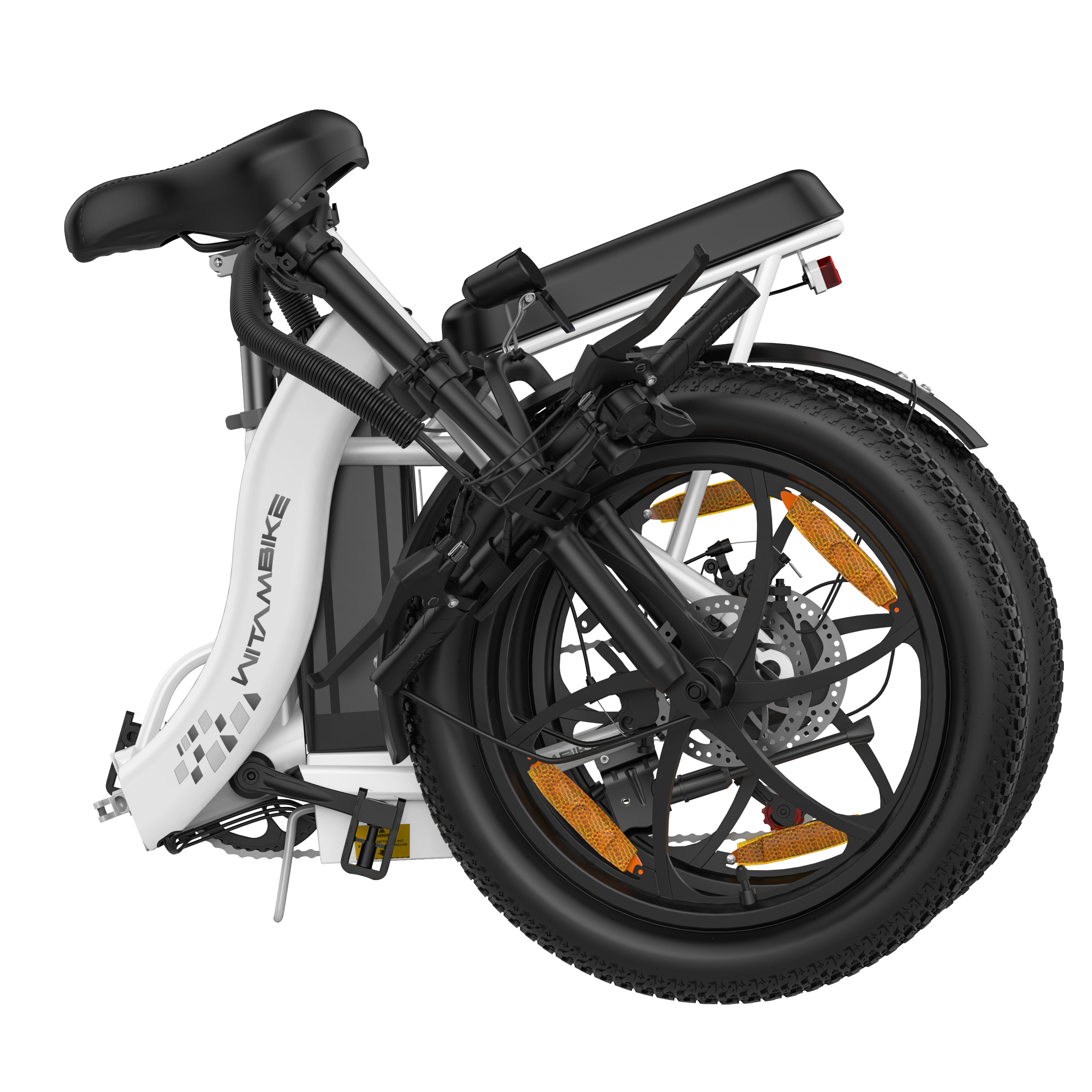Una bicicletta elettrica pieghevole bianca con ruote, sella e manubrio neri.