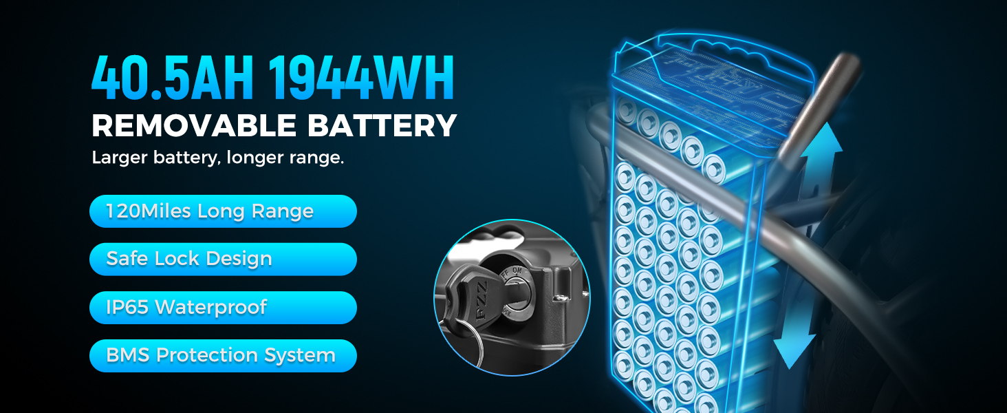Una batteria rimovibile blu luminosa da 40,5AH 1944WH con chiave.