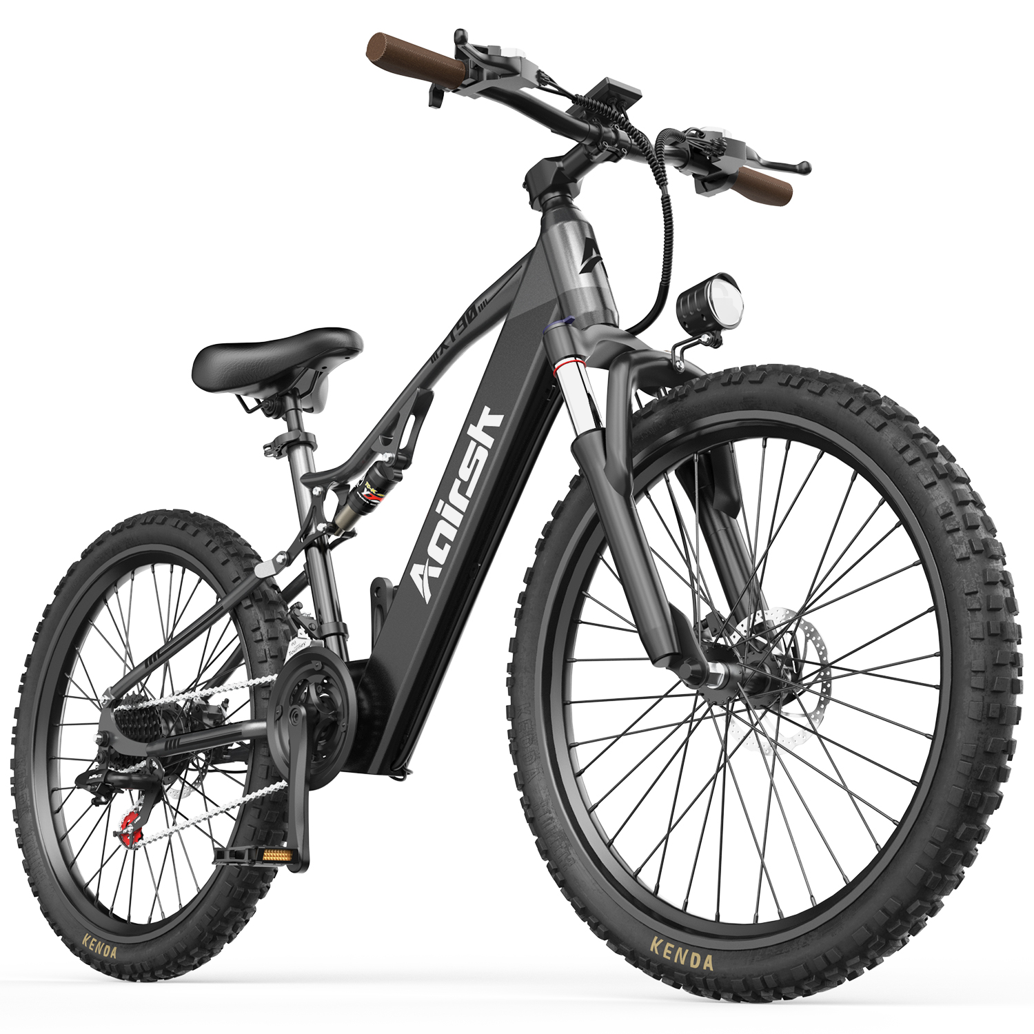 Ein schwarzes E-Mountainbike mit dicken Reifen, Vorderradfederung und Scheinwerfer.