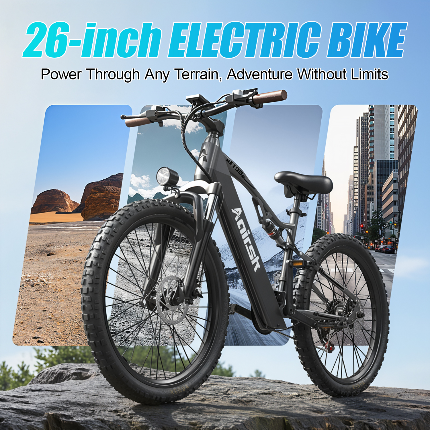 Ein schwarzes E-Bike mit breiten Reifen steht auf einem Felsen, umgeben von Landschaften.