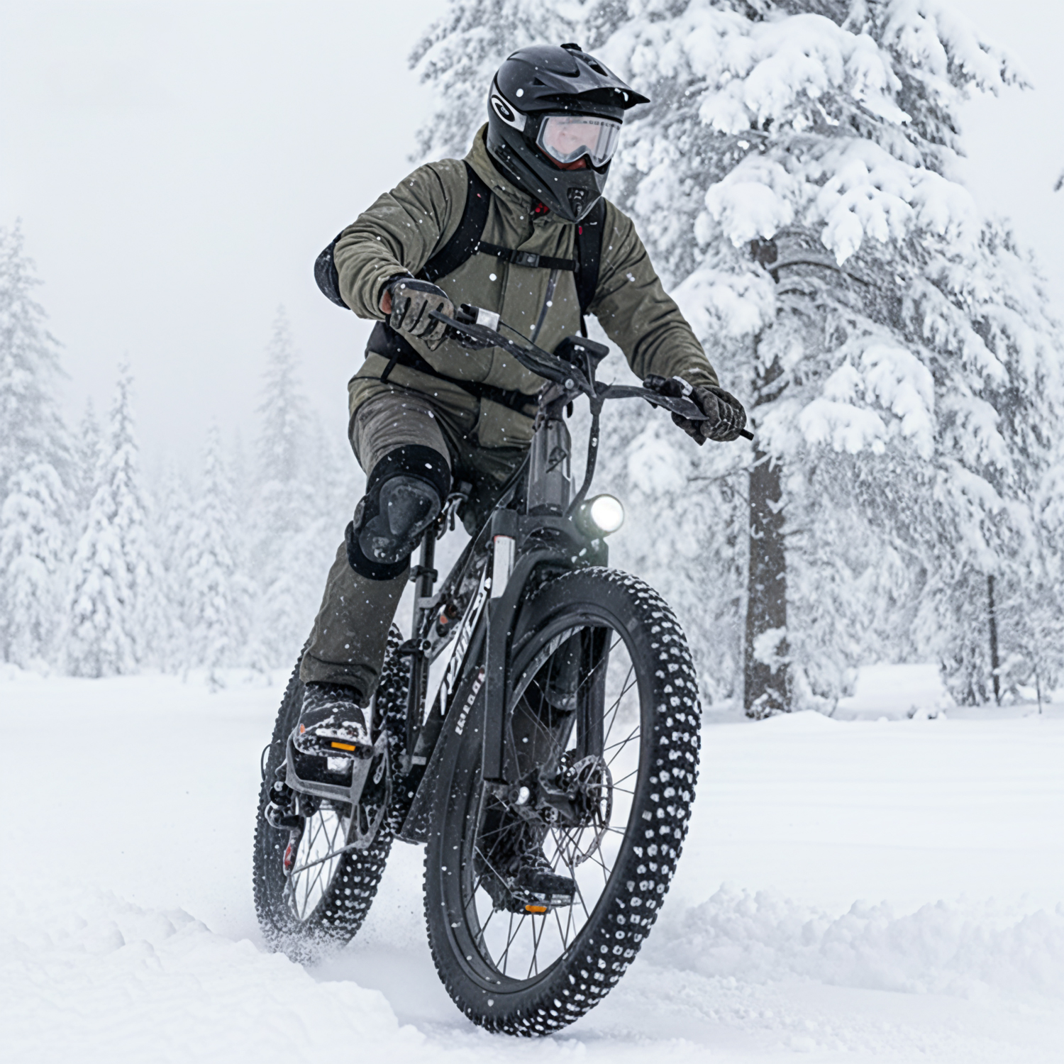 Ein Mann fährt mit einem Fatbike durch verschneite Bäume, trägt Helm und Winterkleidung.