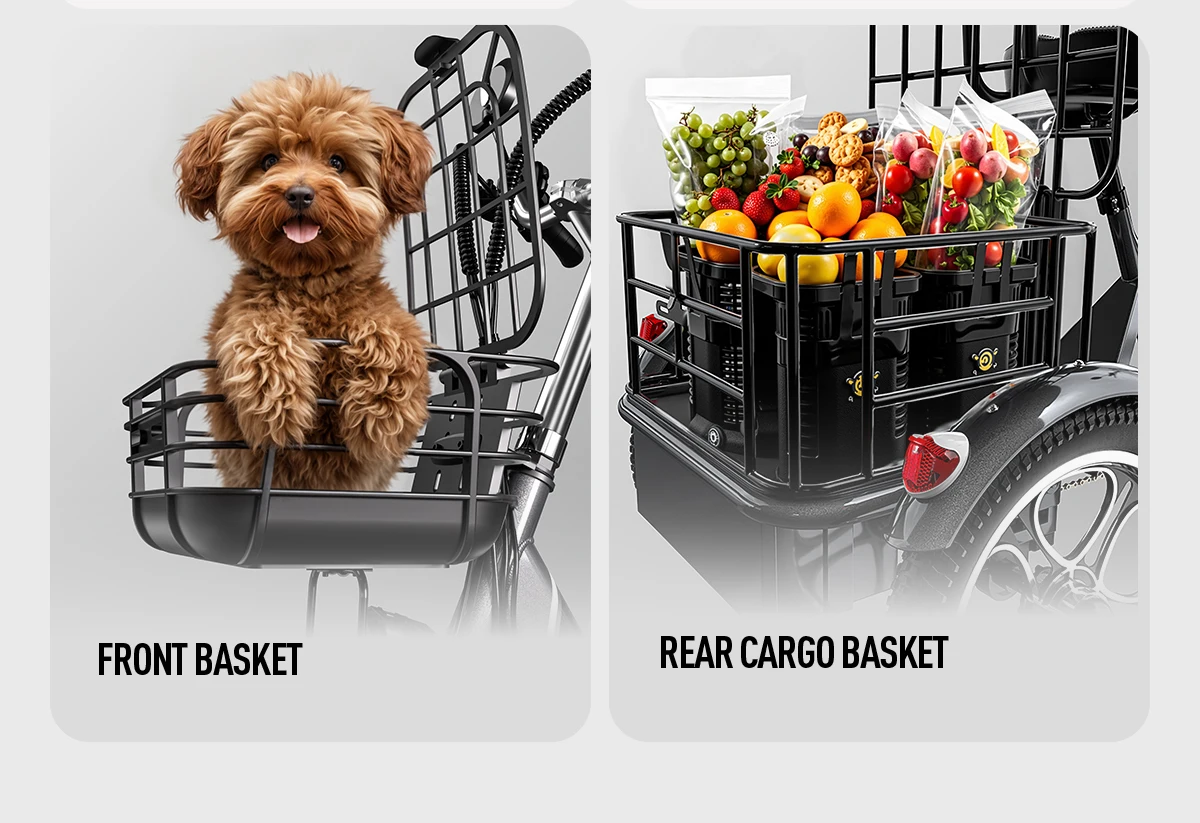 Brauner Hund im Vordersitzkorb; Obst und Kekse im Hinterradkorb.