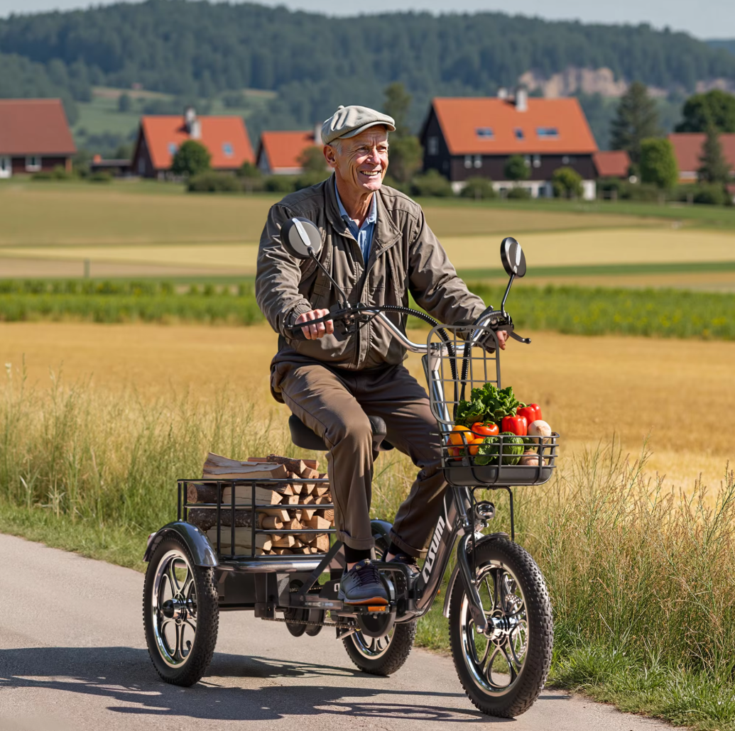 Ein Mann fährt ein Dreirad mit Holz und Gemüse. Häuser und Felder im Hintergrund.