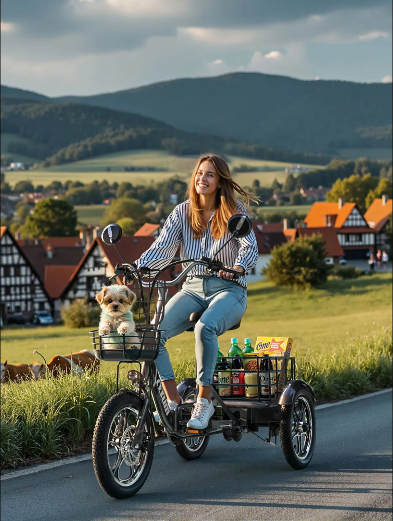 Eine Frau fährt ein Dreirad mit einem Hund und Einkäufen, eine Landschaft im Hintergrund.