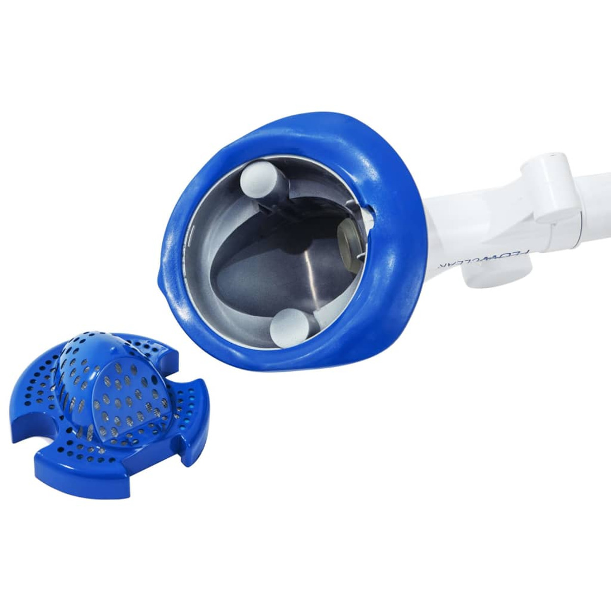 Uno skimmer per piscina blu con un inserto a rete rimovibile accanto.