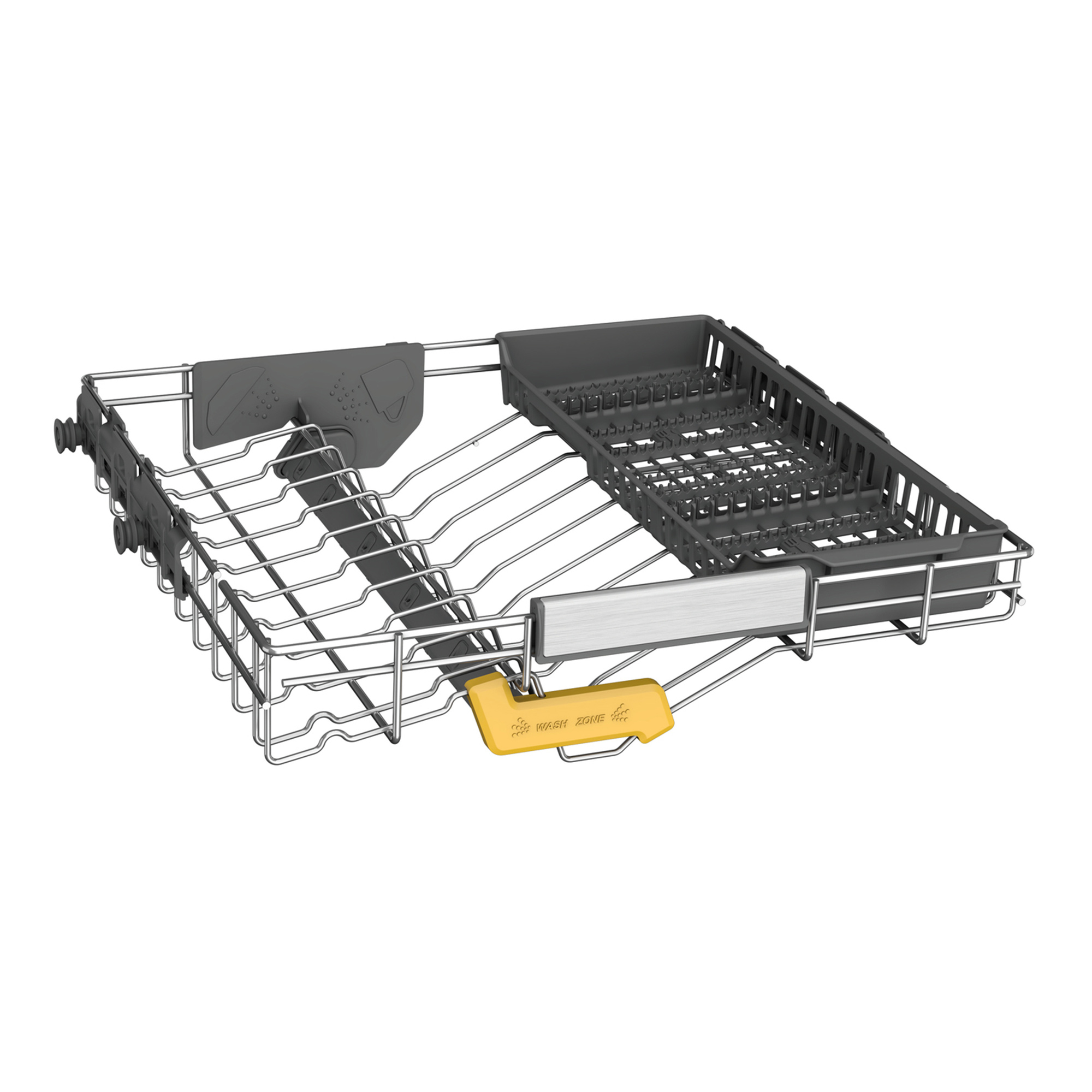 Una cesta extraíble de lavavajillas de metal con soportes de plástico y marcador amarillo.