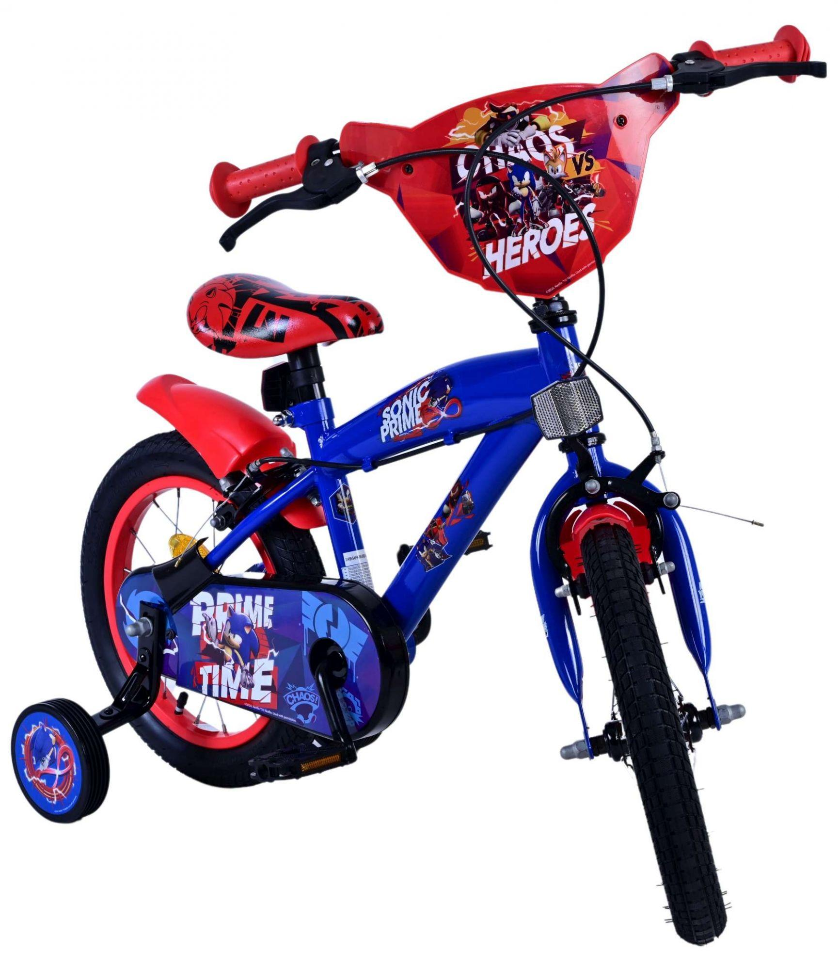 Blaues Kinderfahrrad mit roten Akzenten und Sonic Prime-Motiven.