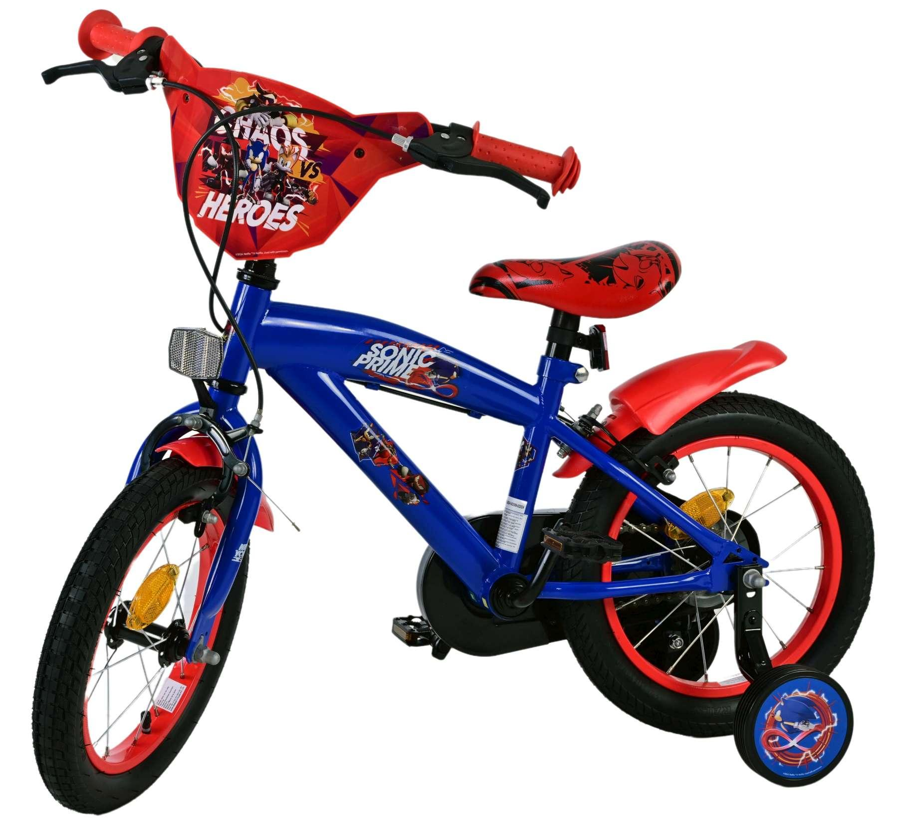 Blaues Kinderfahrrad mit roten Akzenten und Sonic Prime-Motiven.