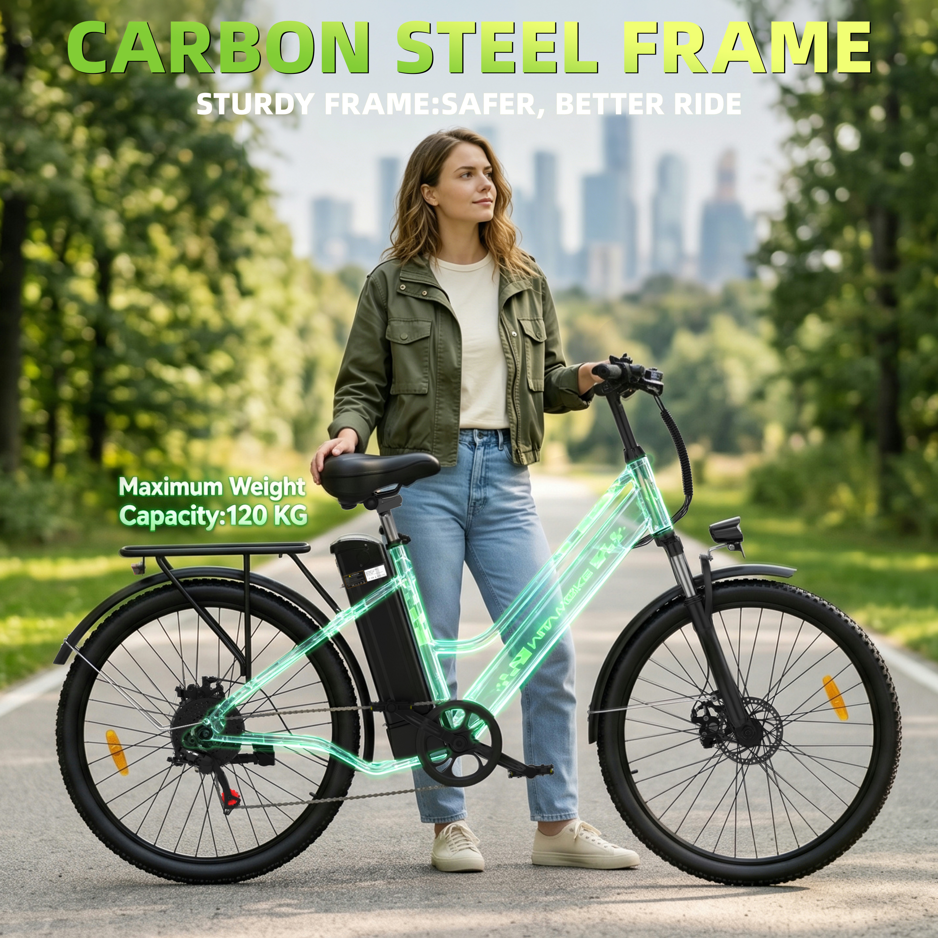 Una donna con una bici elettrica all'aperto, con testo 'Carbon Steel Frame'.