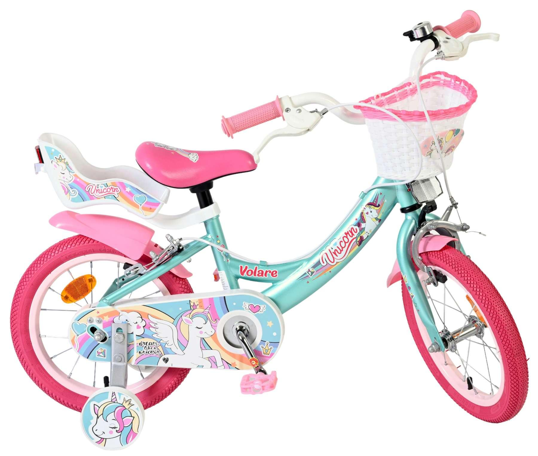 Ein türkisfarbenes Kinderfahrrad mit rosa Akzenten und Einhorn-Motiv.