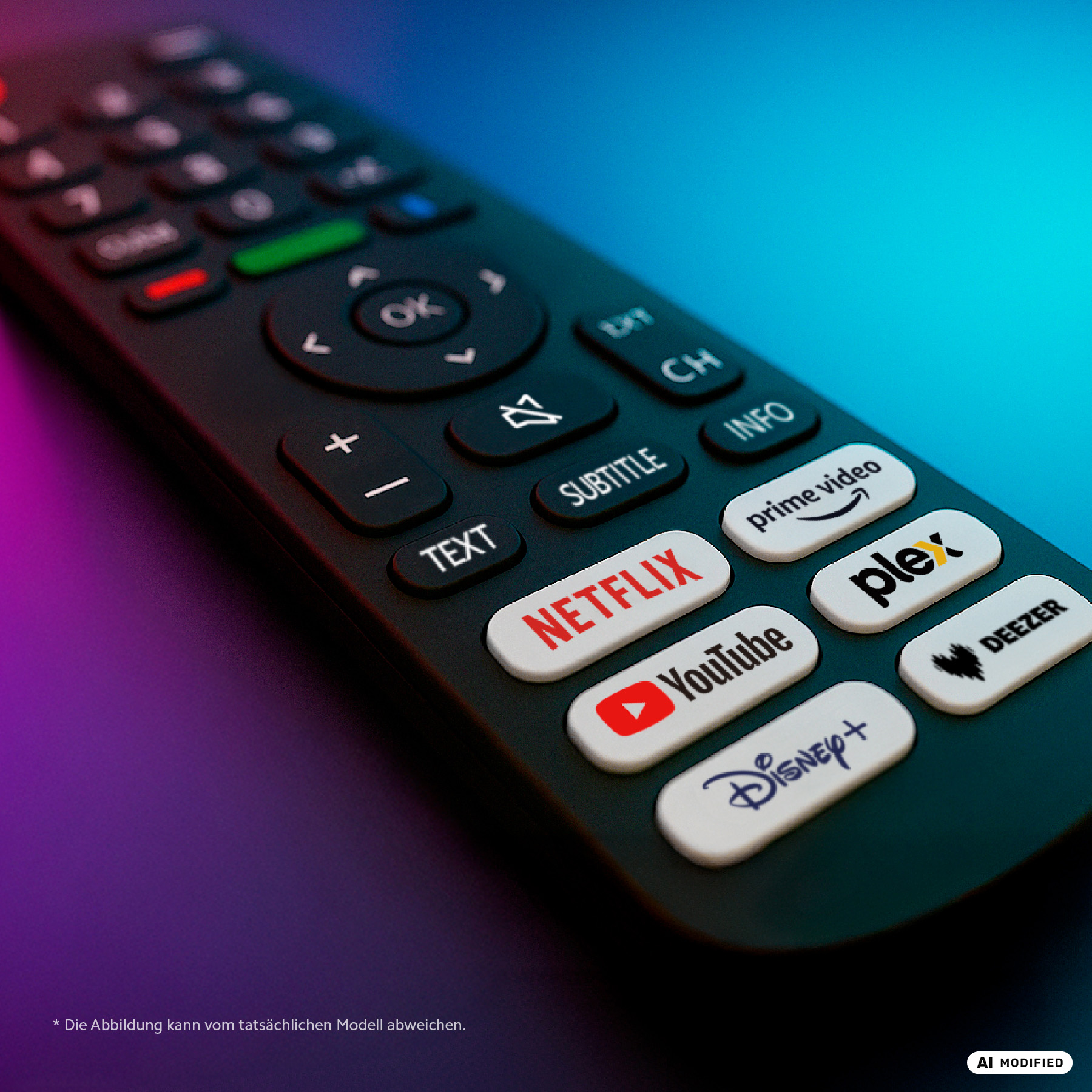 Un telecomando nero con pulsanti app come Netflix, YouTube e Disney+.