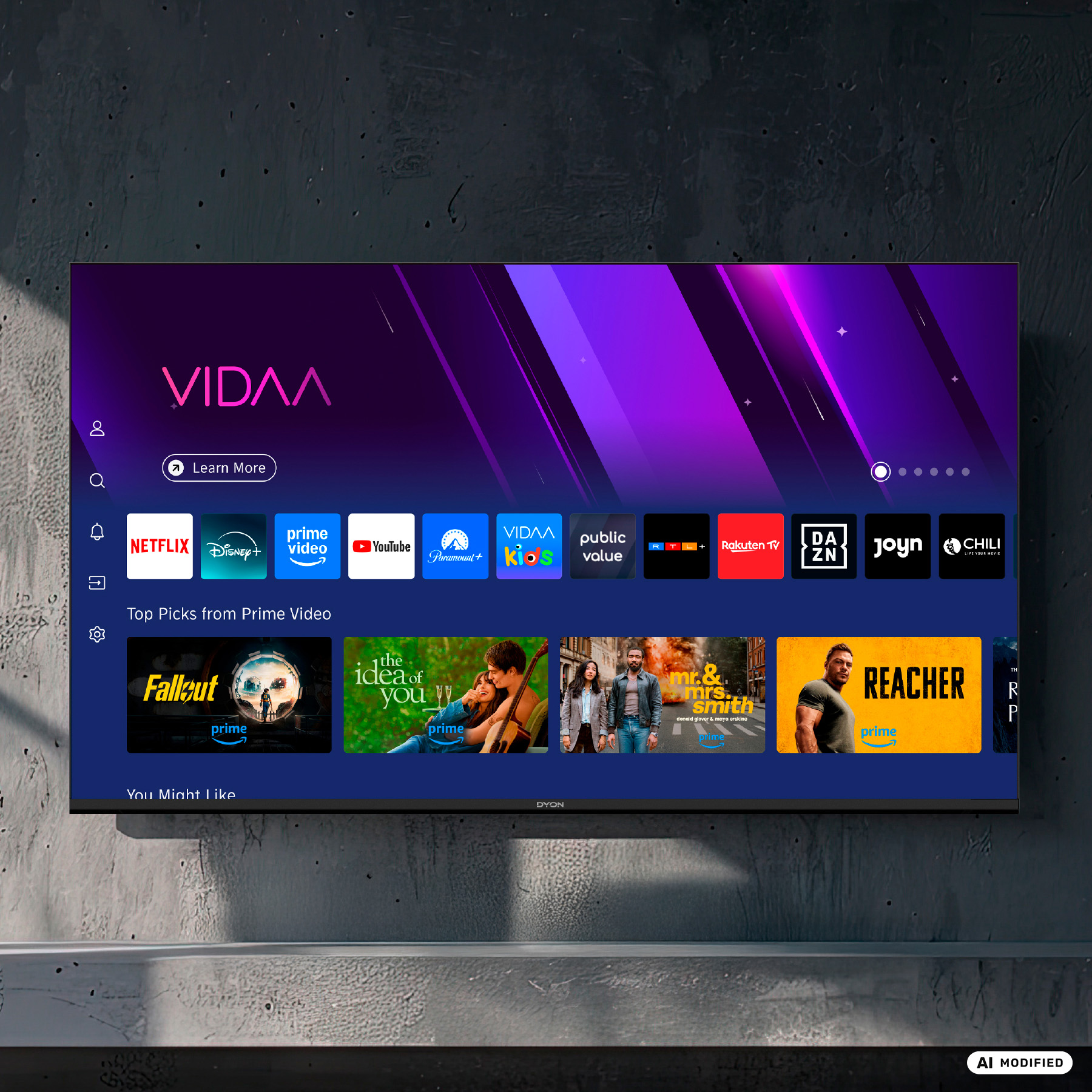 VIDAA Smart TV-Startbildschirm mit App-Symbolen und Filmvorschlägen.