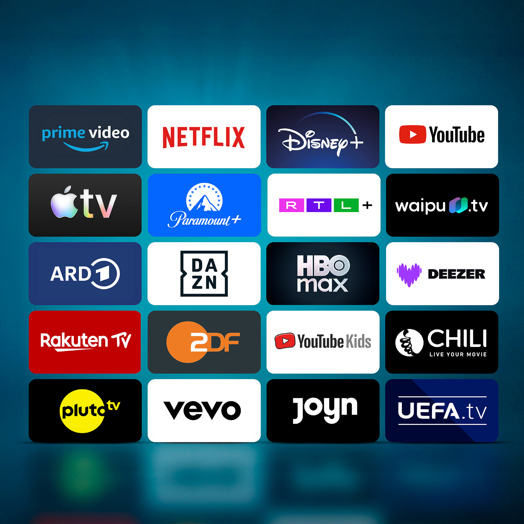 Logos von Streamingdiensten auf blauem Hintergrund: Prime Video, Netflix, Disney+, YouTube, Apple TV, Paramount+, RTL+, Waipu.tv, ARD, DAZN, HBO Max, Deezer, Rakuten TV, 2DF, YouTube Kids, Chili, Pluto TV, Vevo, Joyn, UEFA.tv.