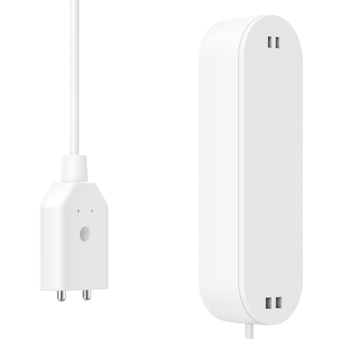 Due dispositivi elettronici bianchi con cavi su sfondo bianco.