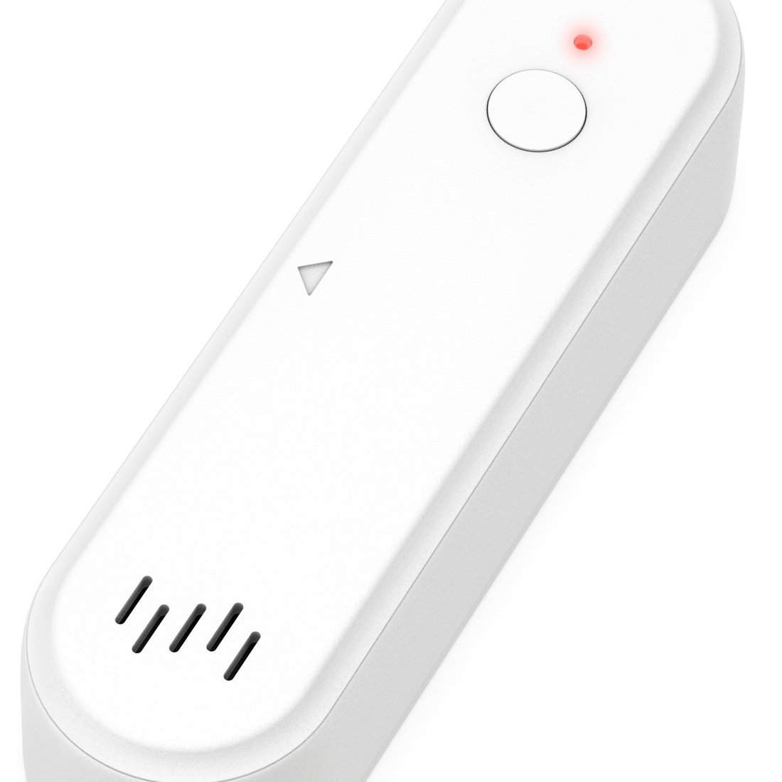 Un dispositivo bianco allungato con un pulsante circolare e luce rossa.