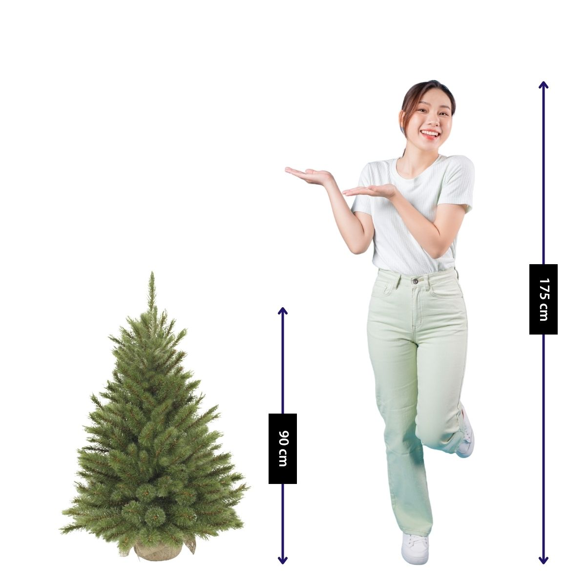 A woman stands next to a 90cm Christmas tree. She is 175cm tall.