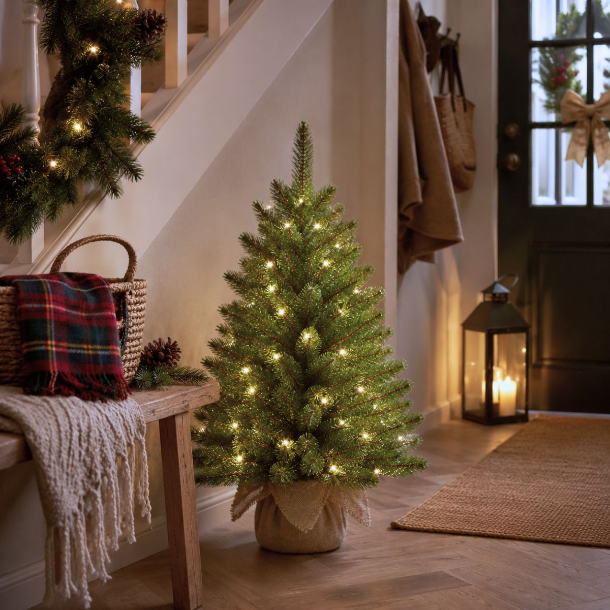 A small, lit Christmas tree stands on a wooden floor, next to a bench with a basket.