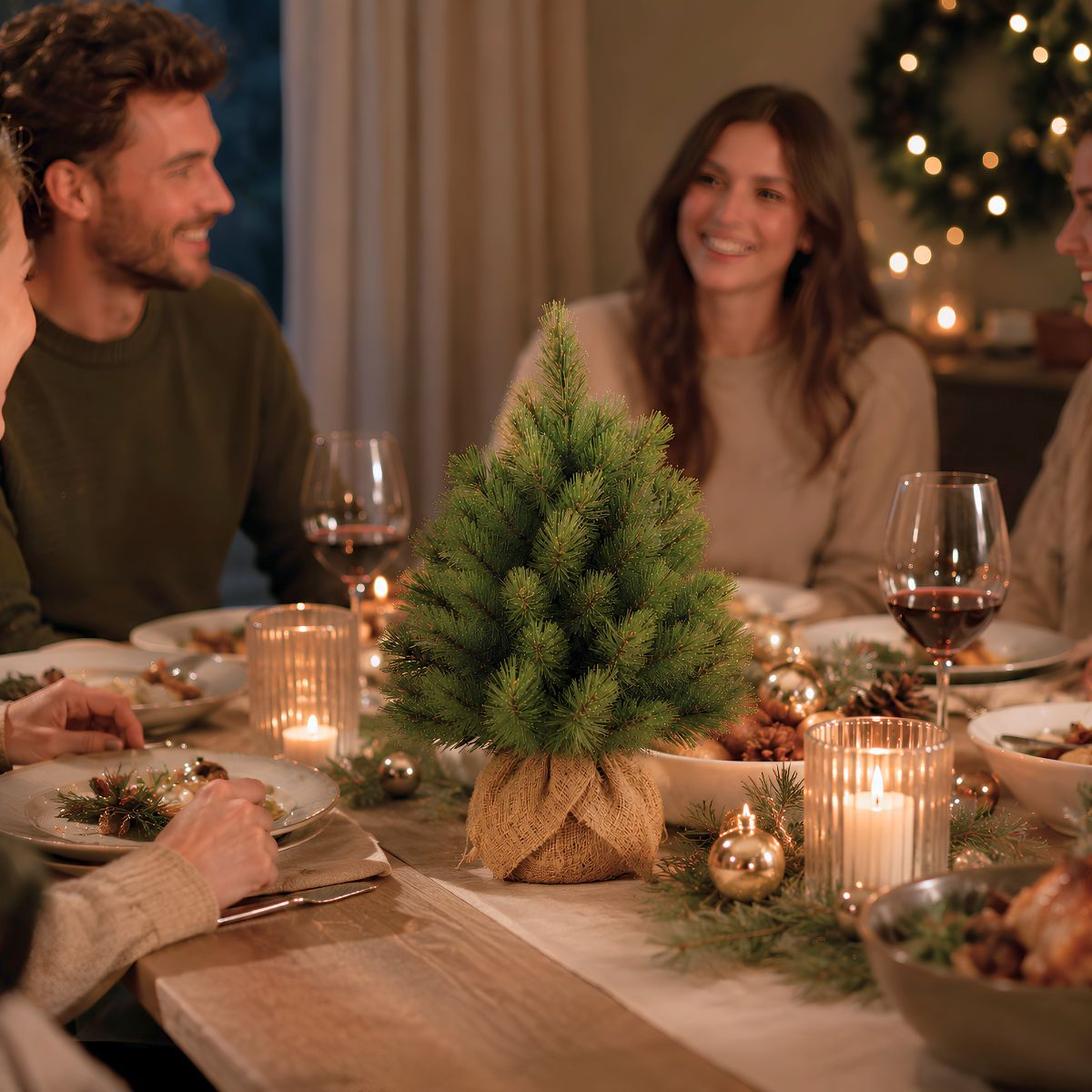 A festive Christmas dinner table with people, a small tree, candles, and wine.