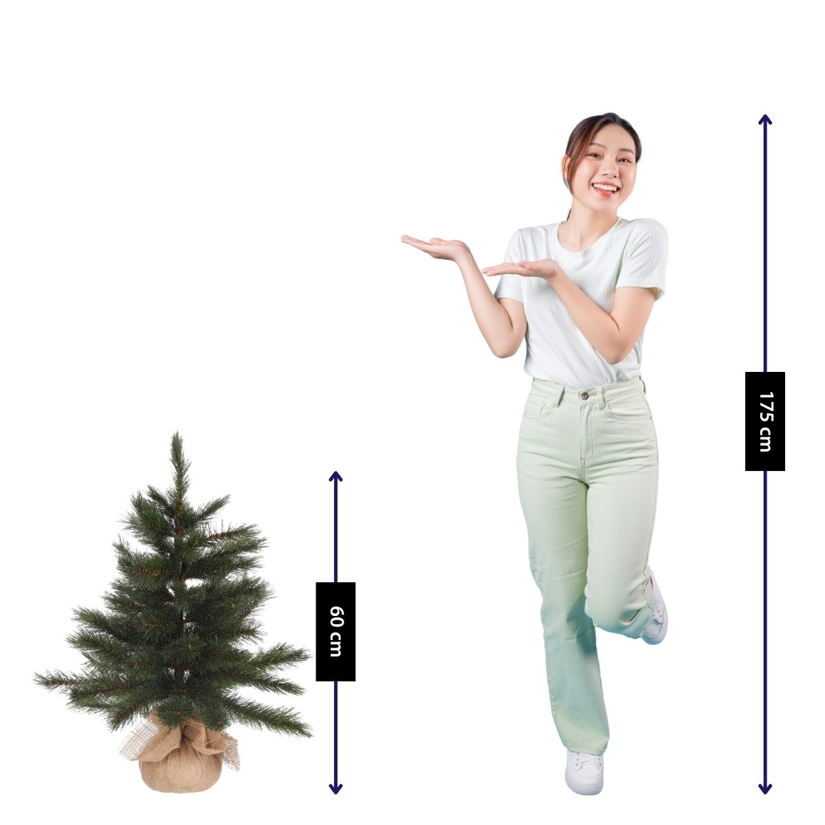 Une femme à côté d'un sapin de Noël de 60 cm. La femme mesure 175 cm.