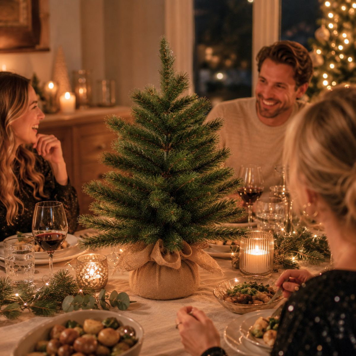 Table festive avec petit sapin de Noël, bougies, nourriture. Des gens dînent.