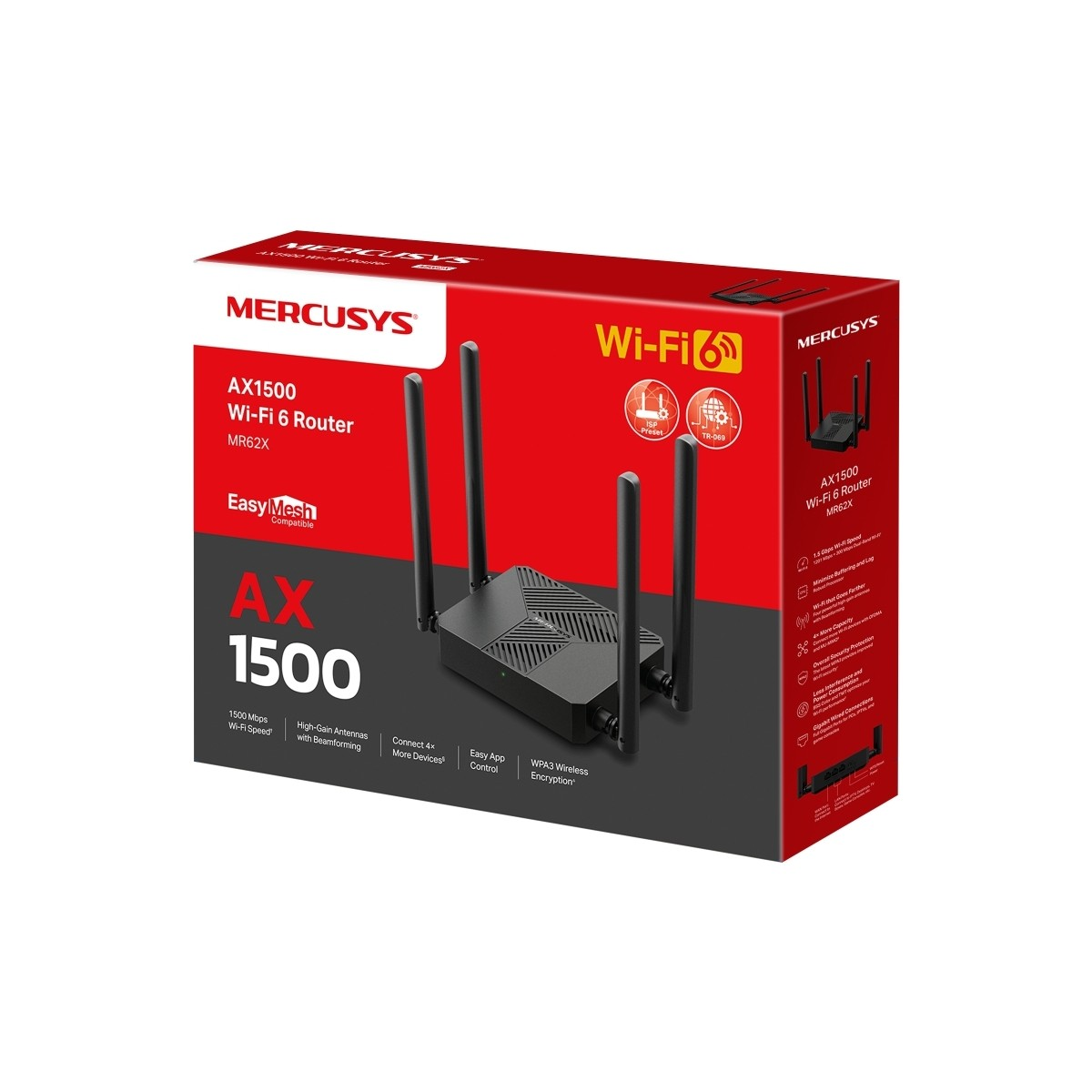 Dört antenli Mercusys AX1500 Wi-Fi 6 yönlendirici, ambalajında detaylı olarak gösteriliyor.