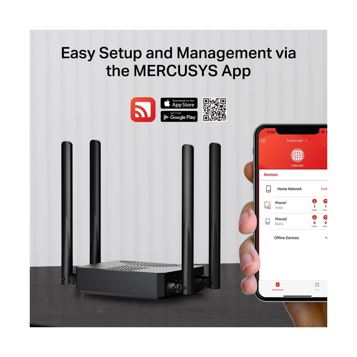 Dört antenli siyah bir yönlendirici ve MERCUSYS uygulamasını gösteren bir akıllı telefon.