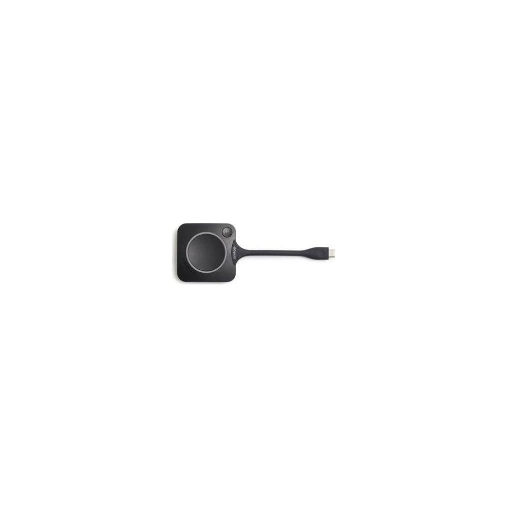Un dongle per conferenze nero con un pulsante rotondo e un cavo USB-C.
