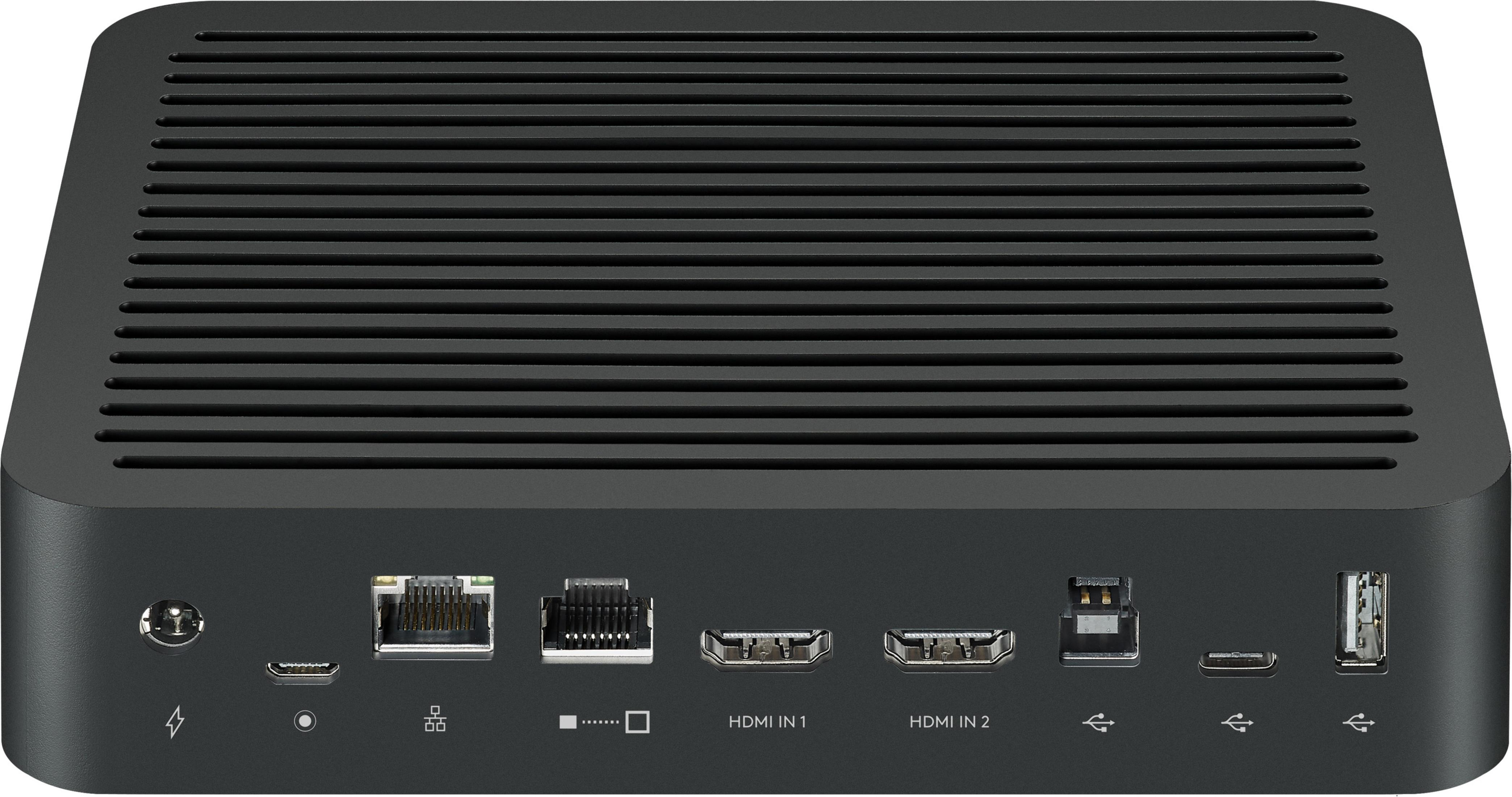 Dispositivo elettronico nero con prese d'aria e varie porte sul retro.