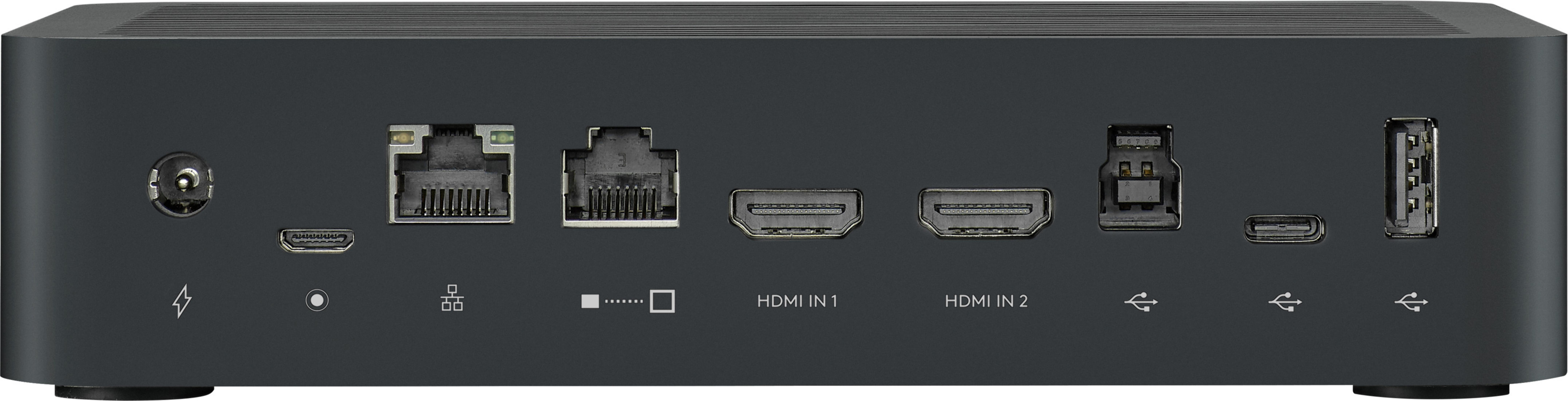 Retro di un dispositivo nero che mostra porte di alimentazione, Ethernet, HDMI, USB-C e USB-A.