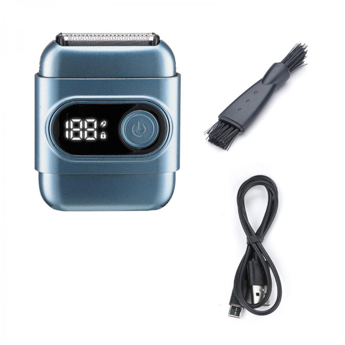 Blauer Elektrorasierer mit Digitalanzeige, Reinigungsbürste und USB-Ladekabel.