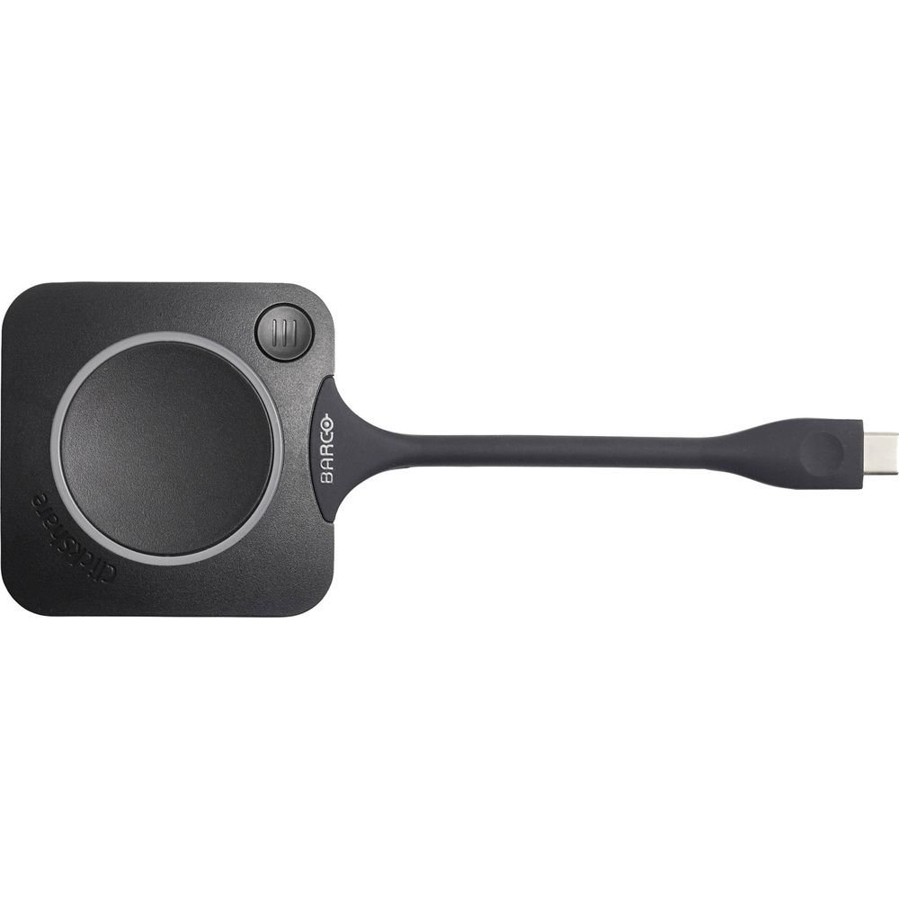 Un pulsante Barco ClickShare nero con cavo USB-C.