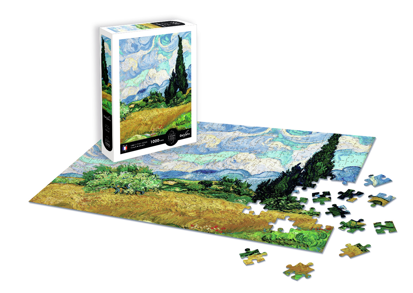 Ein Puzzlekarton und ein teilweise gelegtes Puzzle von Van Goghs Sternennacht mit Zypressen.