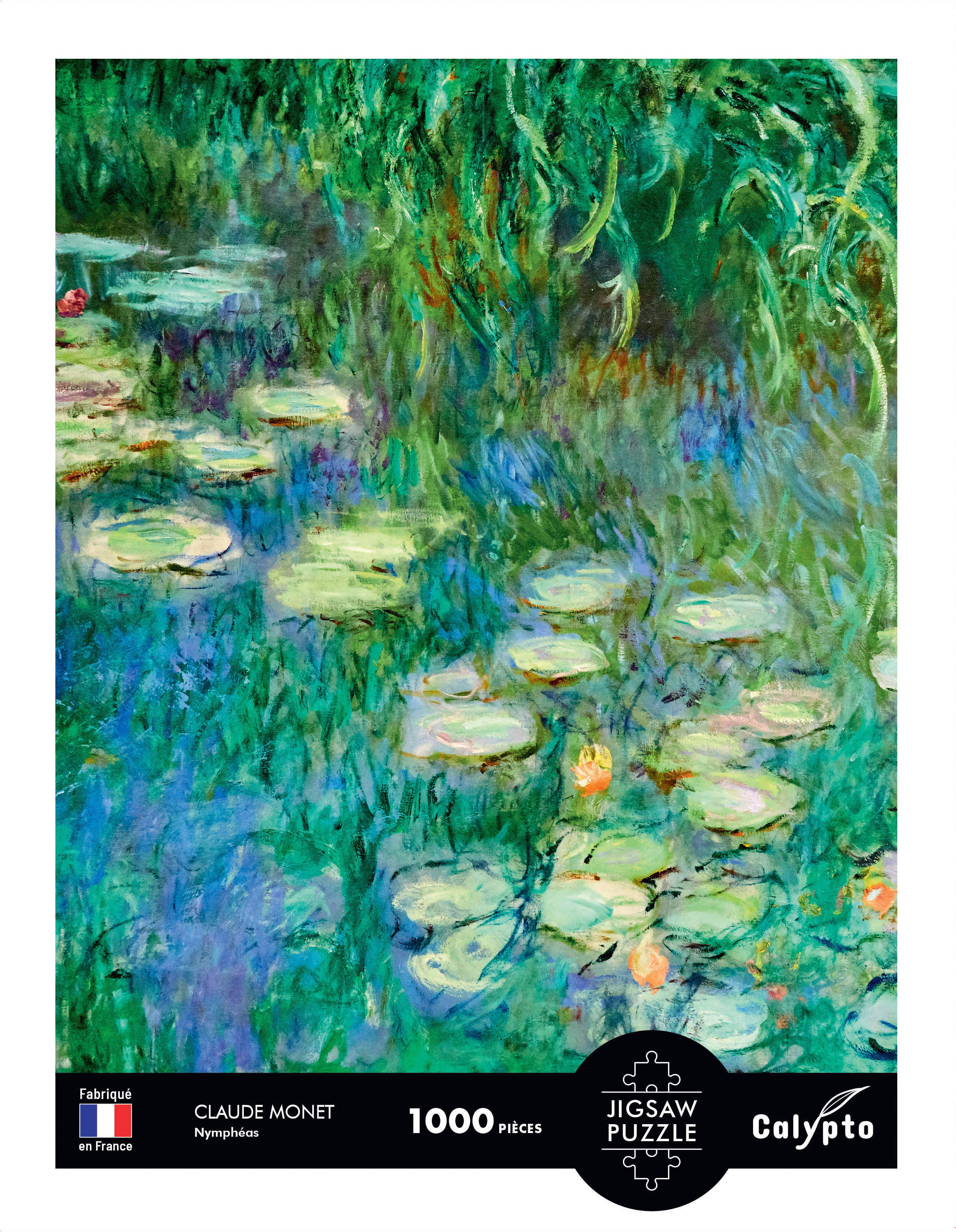 Impressionistisches Gemälde von Seerosen auf einem Teich mit üppigem Grün und Wasser.