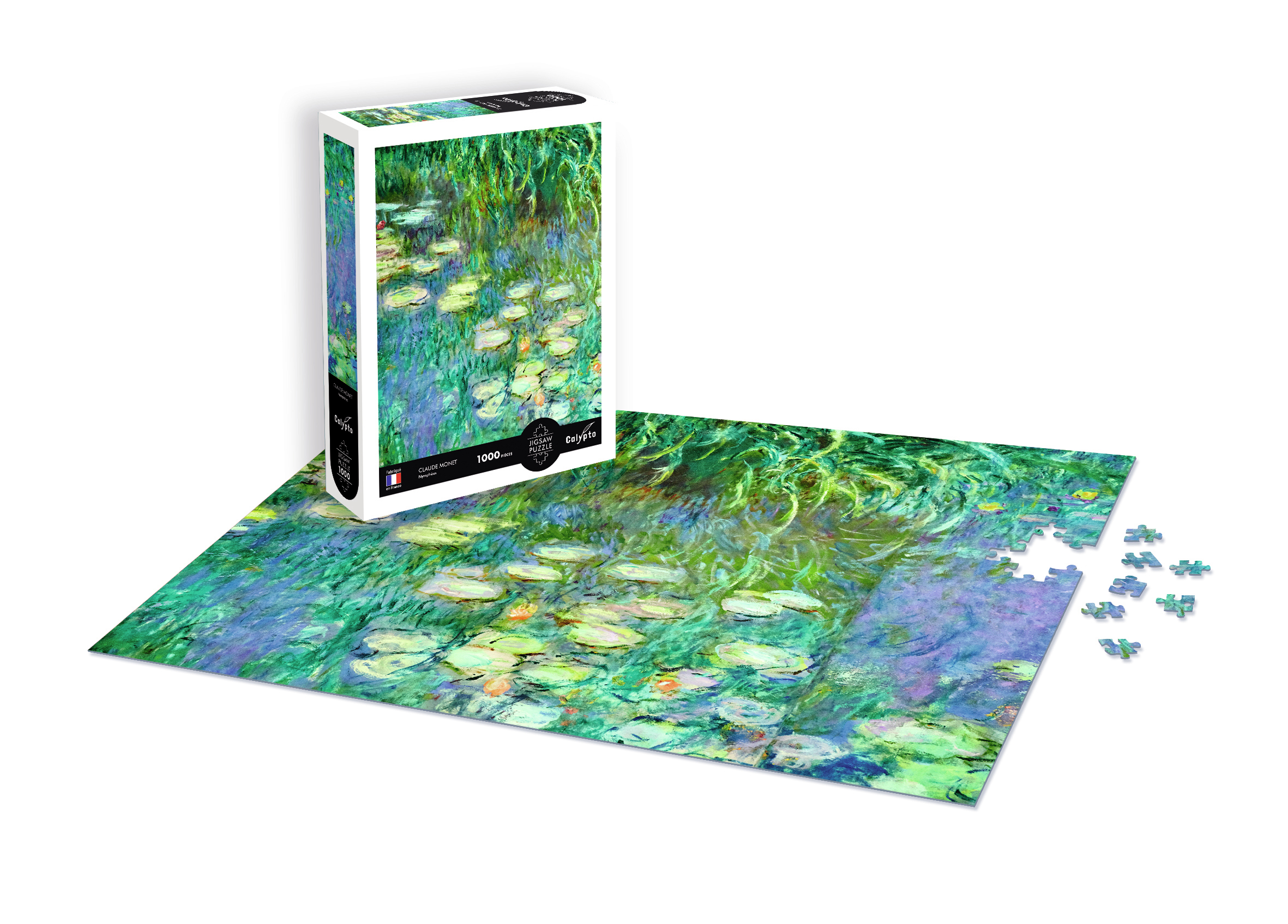 Ein Puzzlekarton und ein teilweise gelegtes Puzzle mit Seerosen.