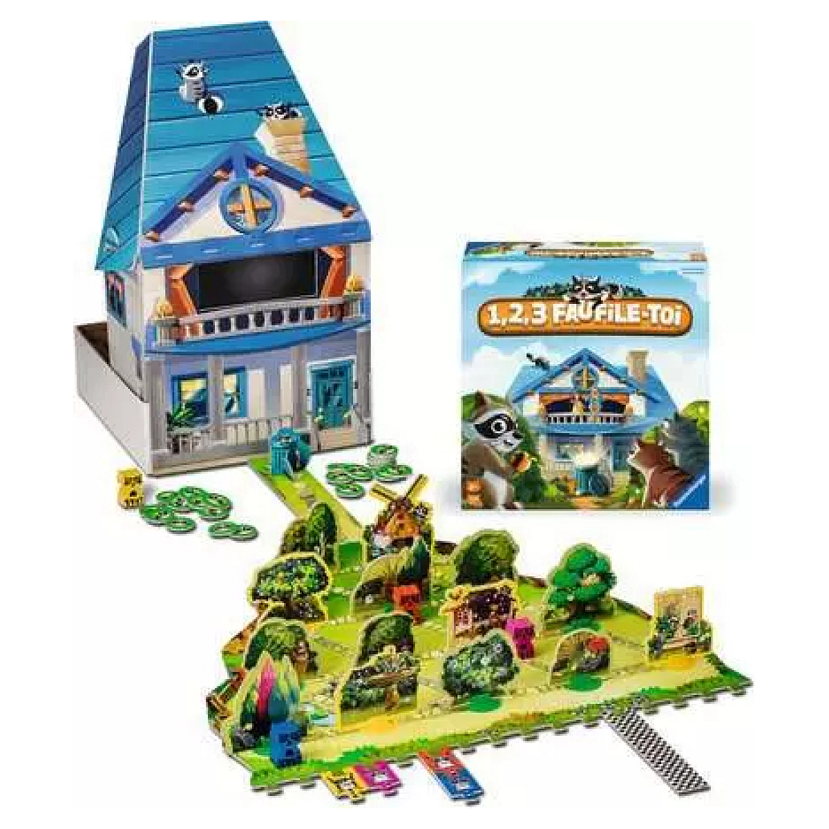 Ein Spielset mit einem Haus, Spielfiguren und einer Landschaft.