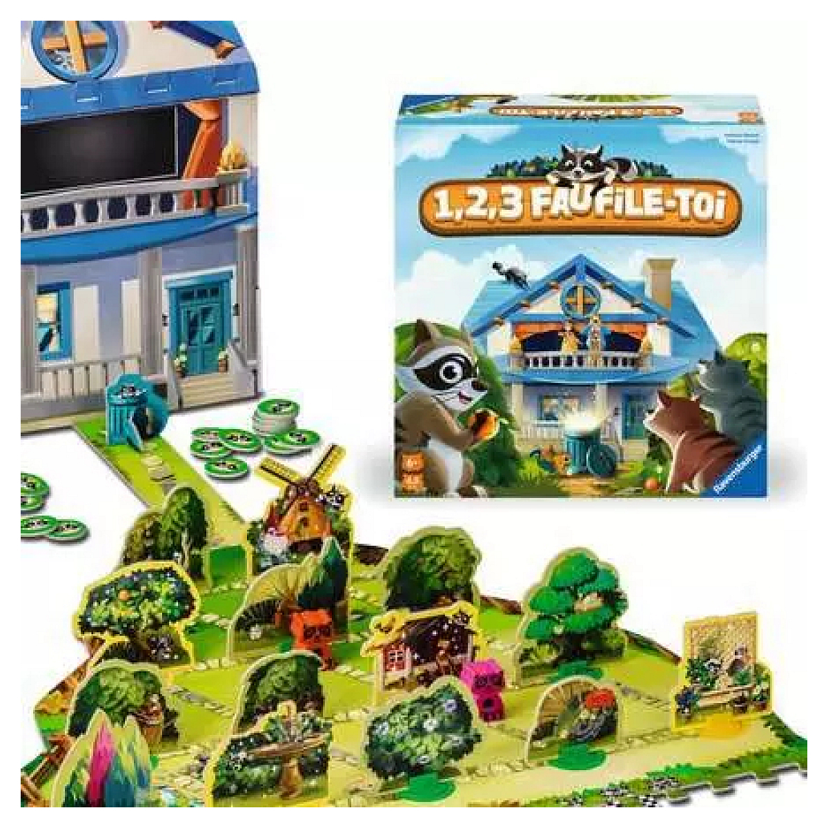 Brettspiel mit Waschbären, Katzen, einem Haus und einer Windmühle auf grünem Brett.