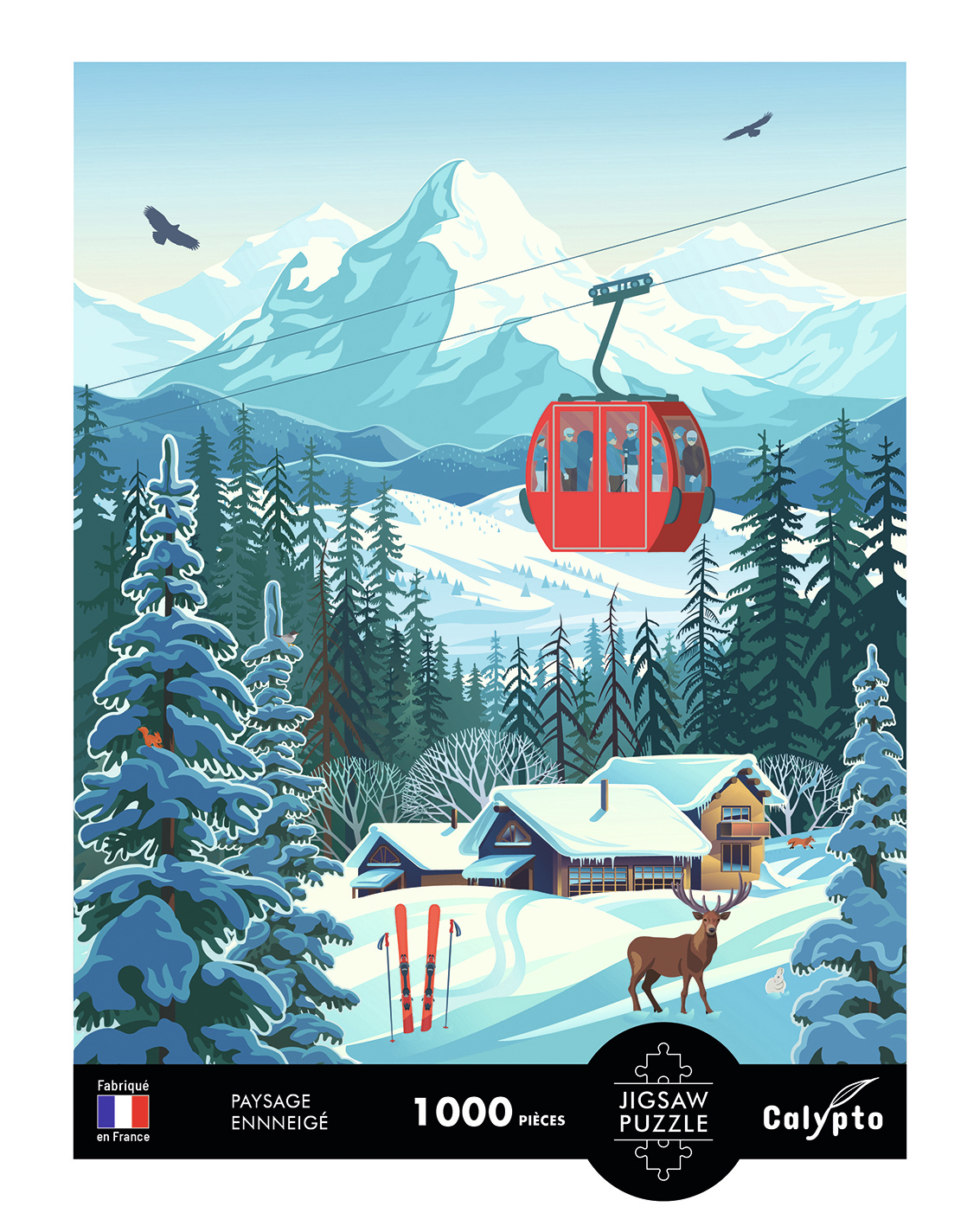 Eine rote Gondelbahn fährt über eine verschneite Berglandschaft mit Häusern und Bäumen.