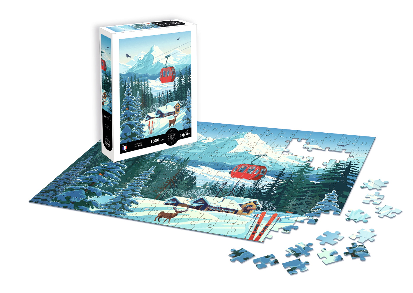 Winterlandschaft-Puzzle mit Gondelbahn, Hütte, Reh und Bäumen.