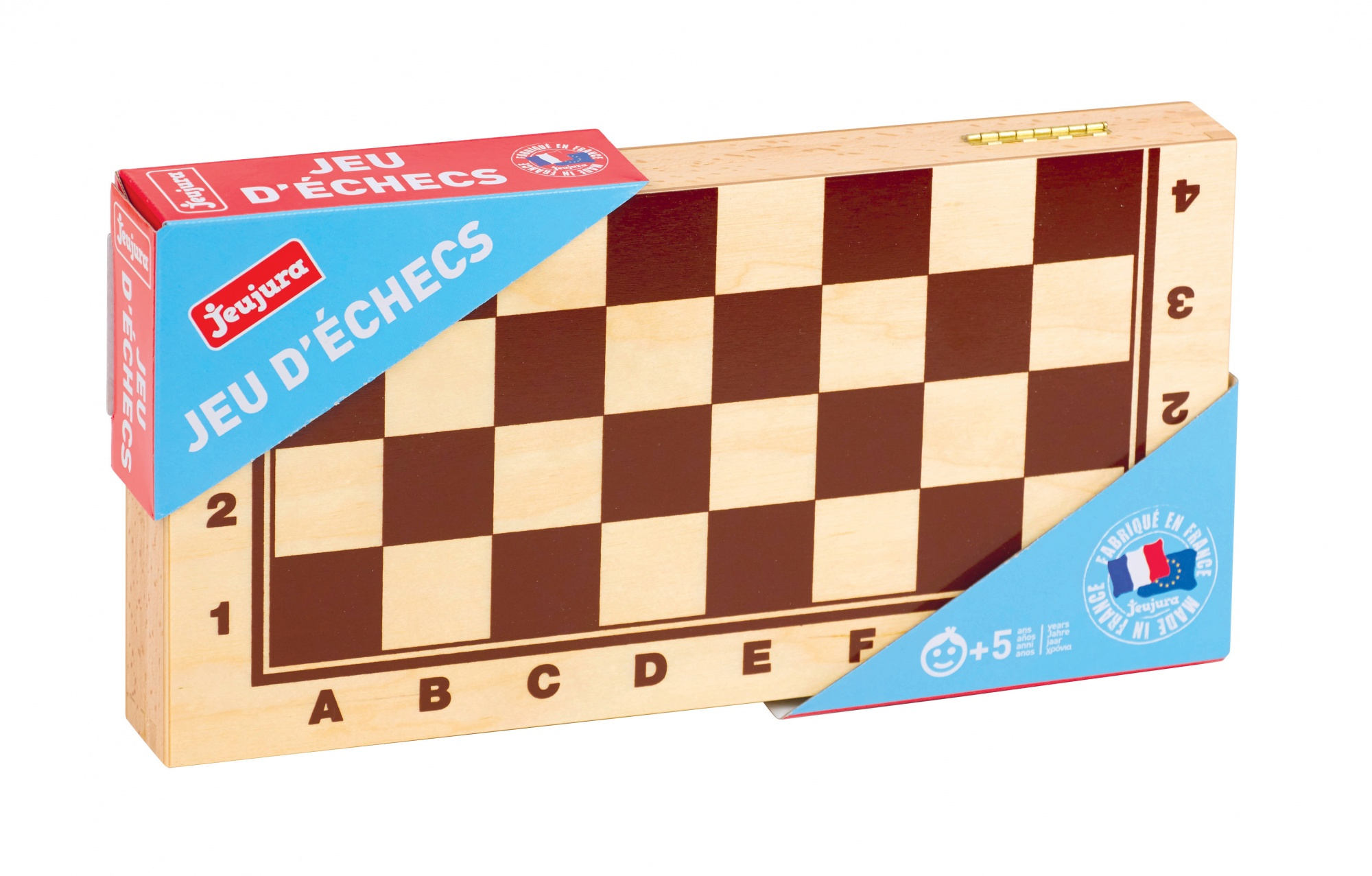 Ein hölzernes Schachbrettspiel mit braunen und beigen Feldern und französischer Verpackung.