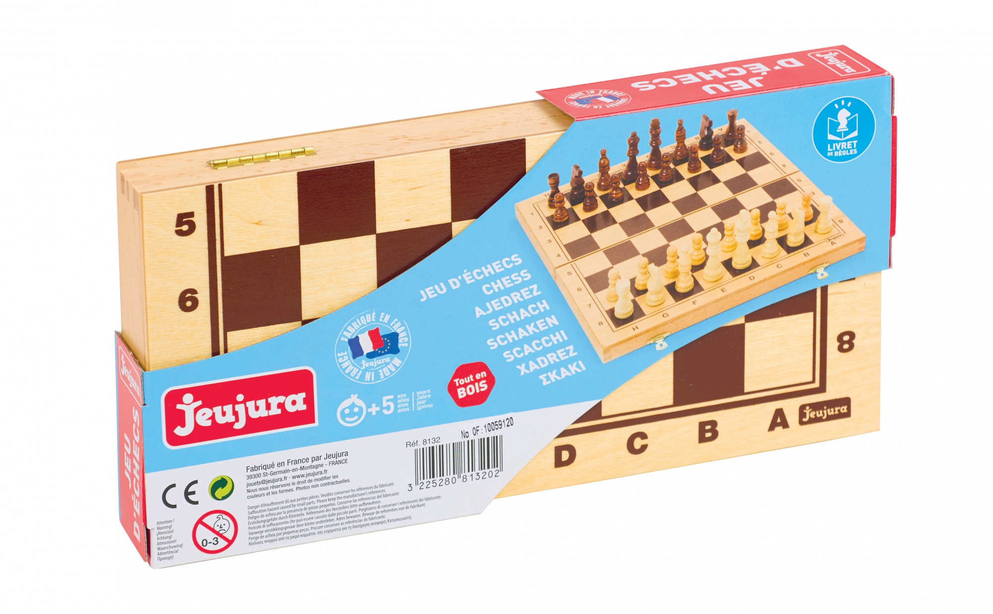 Holzschachspiel mit Aufbau und Figuren. Der Karton zeigt die Aufschrift 'Jeu d'échecs'.