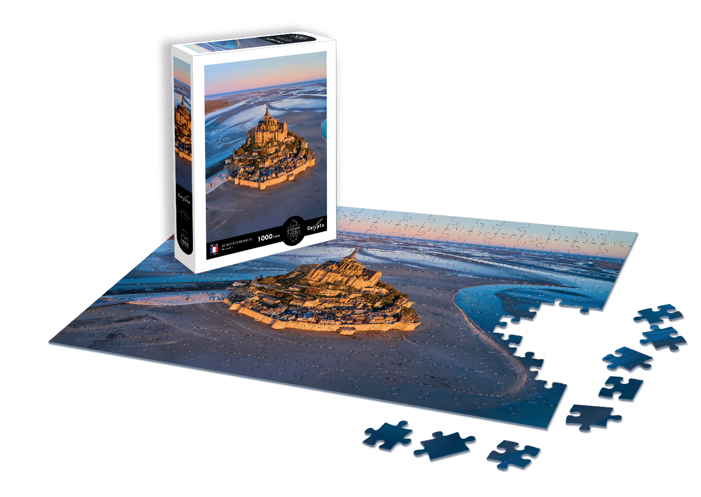 Burg auf einer felsigen Insel im Wasser bei Sonnenuntergang, Puzzle und Box.
